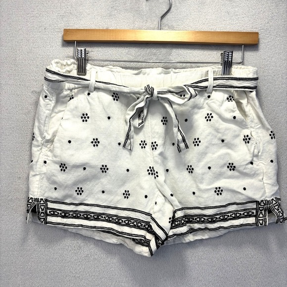 LOFT Pants - LOFT Linen Blend Belted Shorts Womens Small S White Floral Embroidered Elastic